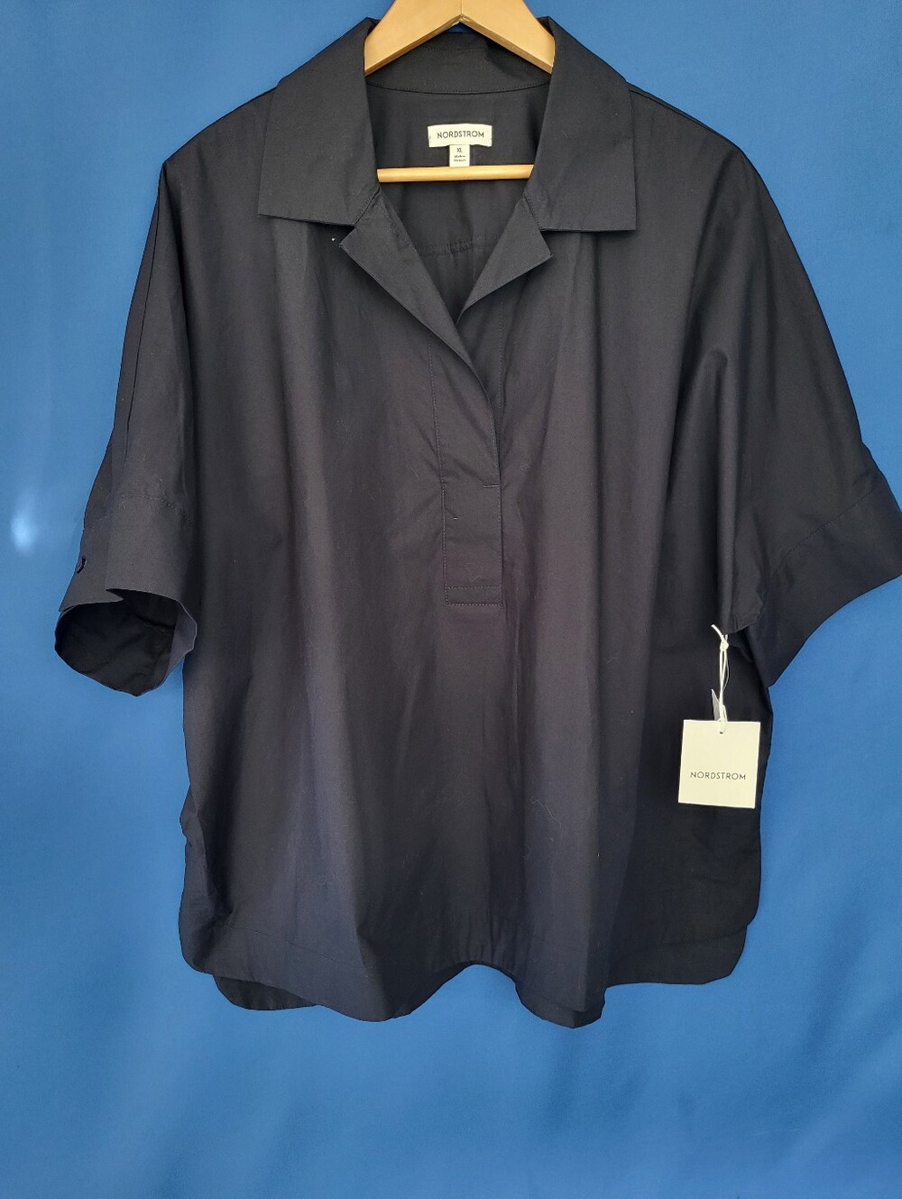 Nordstrom Oversized XL Dark Navy Blouse Short Sleeve Cotton Collar Pullover